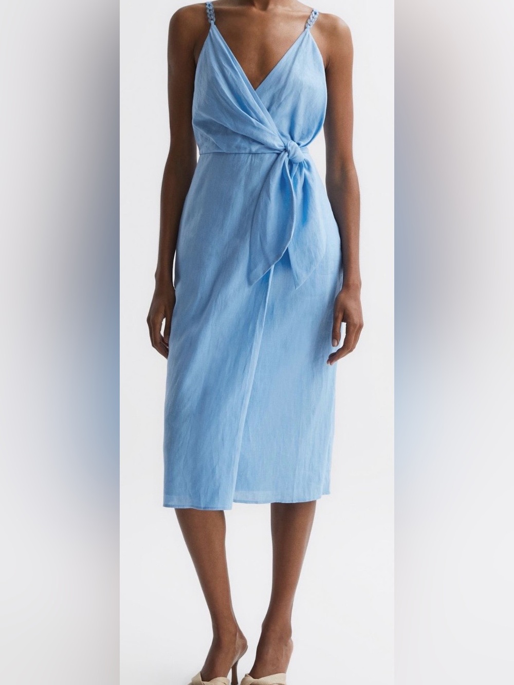 Reiss Linen Side Tie Midi Dress in Blue